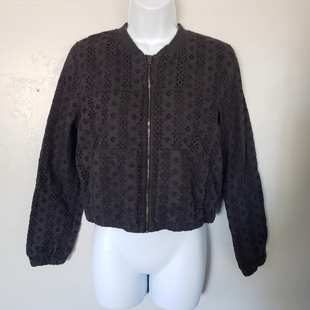 American Eagle Small Black Eyelet Bomber Jacket Full Zip Long Sleeve Girly